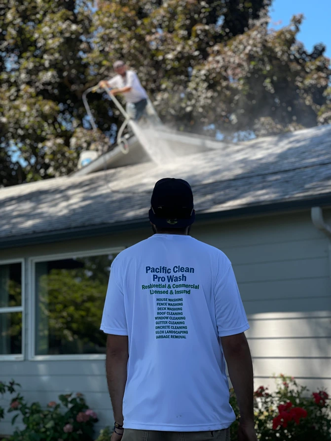 A roof and gutter appearing clean and spotless after soft washing and power washing services by Pacific Clean Pro Wash in Yakima